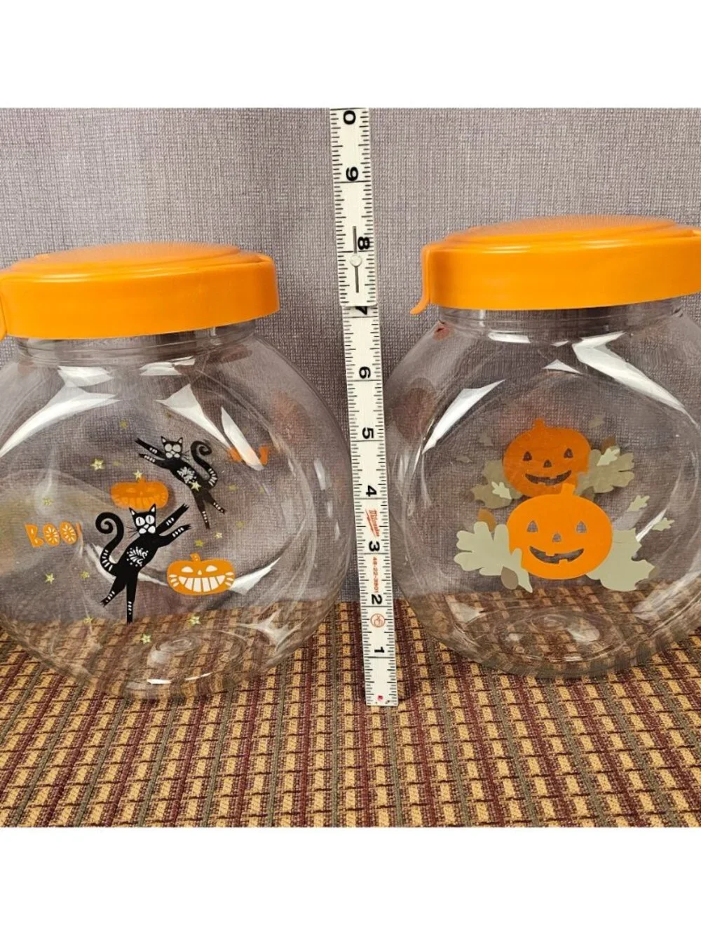 Halloween-Themed Plastic Storage Jars With Orange Lids Black Cat & Pumpkin Desig